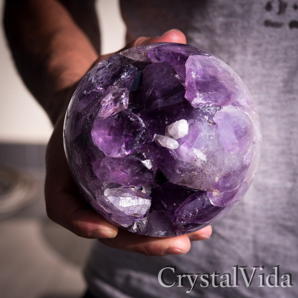 Extra Large Amethyst Geode Sphere With Calcite Inclusion